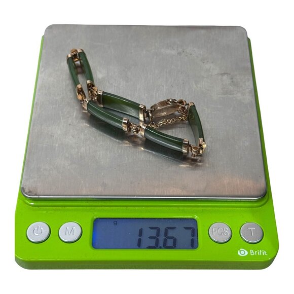 Vintage Green Jade Silver Gold Vermeil Elegant Bar Link Bracelet Luxury Jewelry - Picture 5 of 7